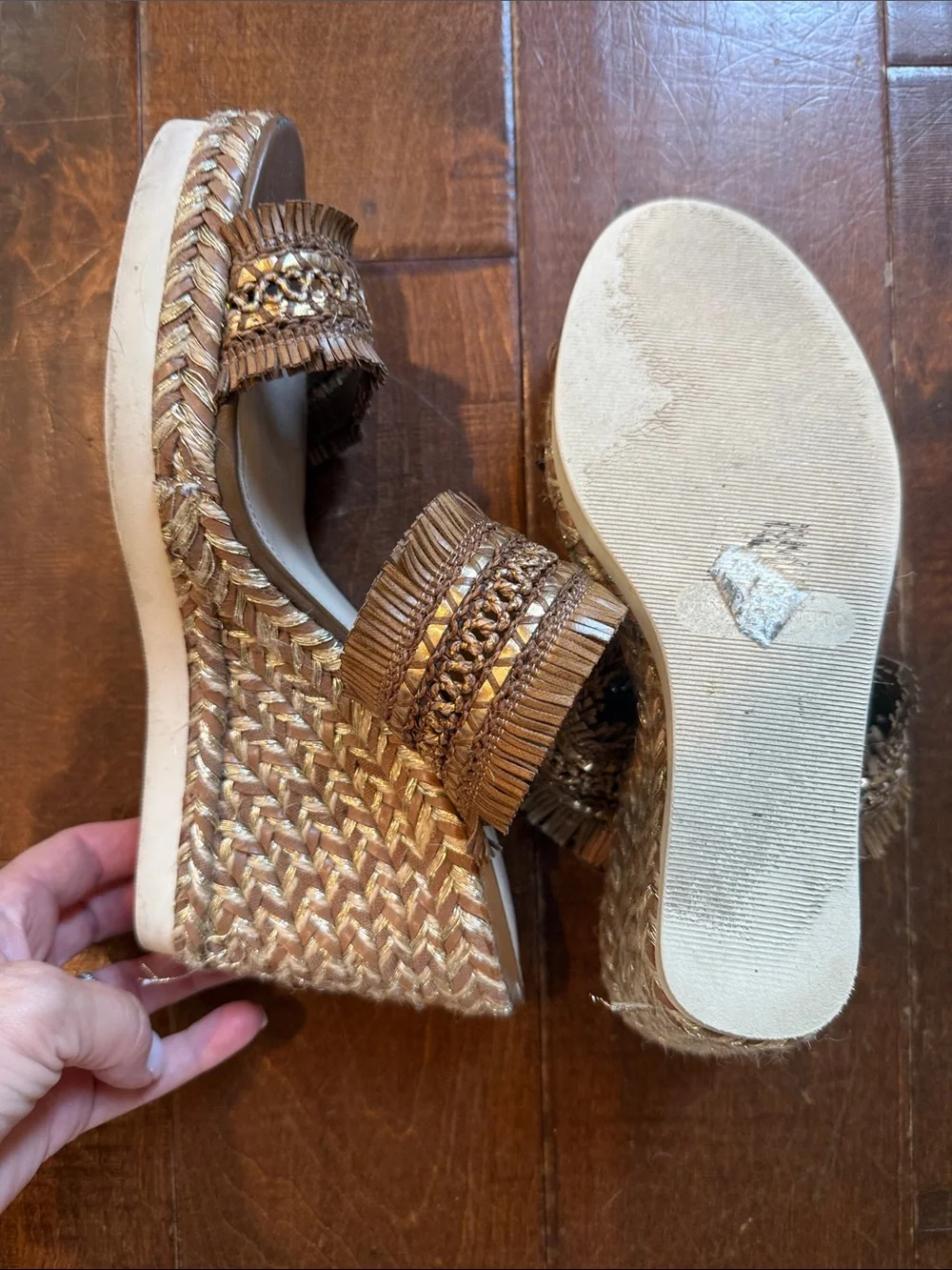 Vince Camuto Tan Braided Fringe Wedge Sandals